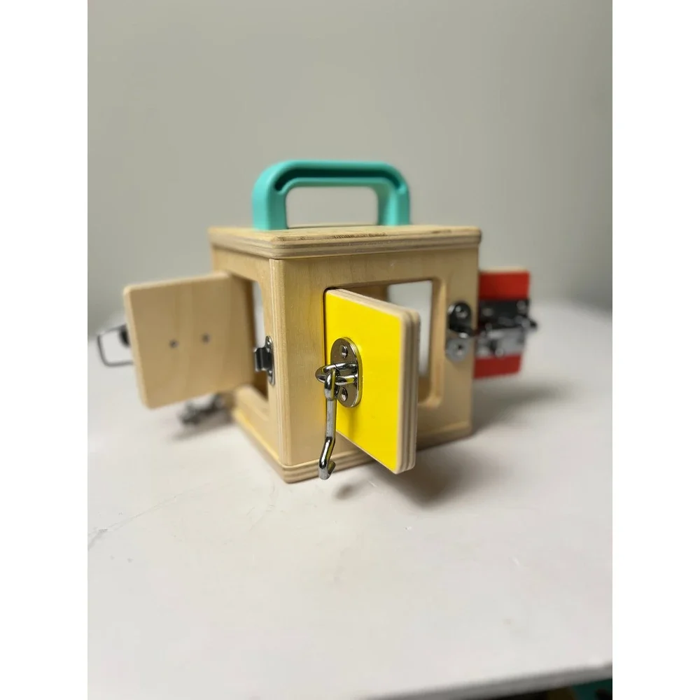 Lovevery Lockbox Toy Toddler OS Tan Montessori Wooden Latches Activity Cube Box